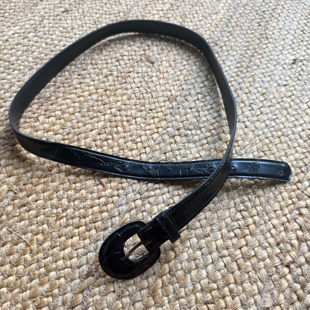 Vintage Black Croc Embossed Faux Leather Belt with Covered Buckle Narrow 44.5in